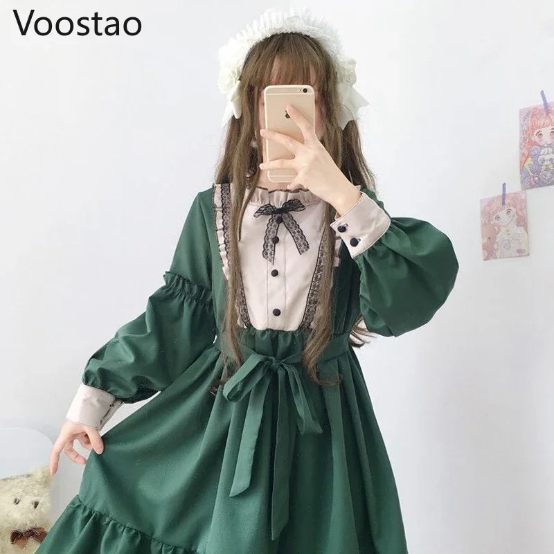 Japanese Kawaii Lolita Tea Party Dresses Women Ruffles Long Sleeve Gothic Bow Lace Dress Vintage Victorian Sweet Maid Vestidos M