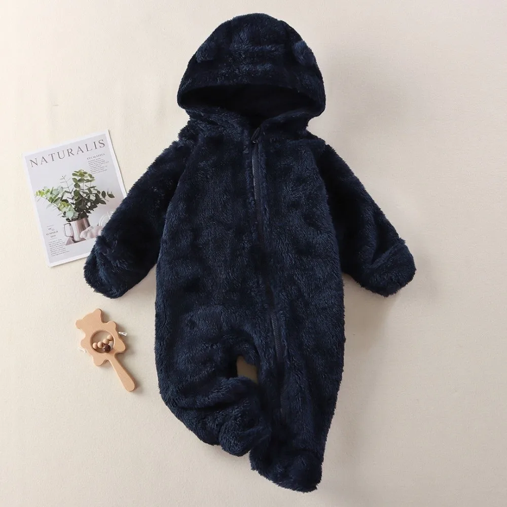 

New Bear Hooded Baby Rompers Zipper Closure Warm Zipper Jumpsuit Winter Fleece Hooded Design Pajamas Newborn Babies