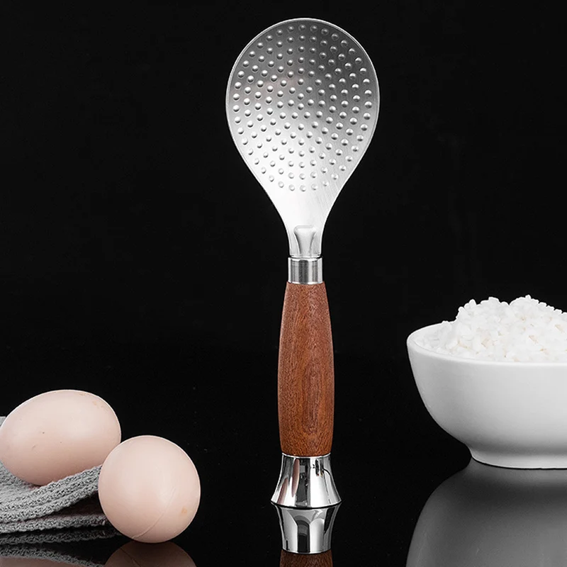 Stainless Steel Rice Spoon Non-Stick Rice Paddle Standing Design Wood Handle Metal Spoon Food Serving Spoon Kitchen Tableware