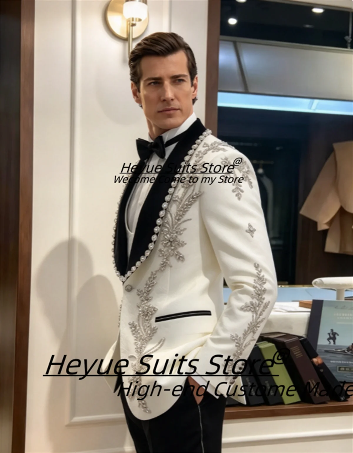 Luxurious White Men Suits Customized Black Shawl Lapel Crystal Embroidery Wedding Groom Tuxedos 3 Pieces Sets Costume Homme