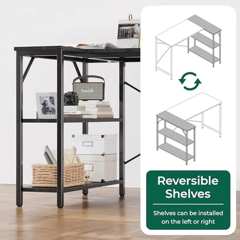 55-Inch Reversible Shelves L-Shaped Gaming Corner Computer Desk with Storage Home Office and Writing Black Embossed Surface