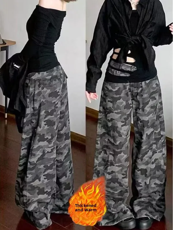 

American Style High Waist Camouflage Thickened Fleece Wide Leg Straight Cut Denim Jeans Women's Autumn Winter plus Size Korea...