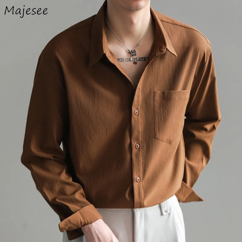 

Long Sleeve Shirts Men Mature Casual Baggy Tops Handsome Pockets Japanese Style All-match Soft Basic Harajuku Chic Spring Autumn