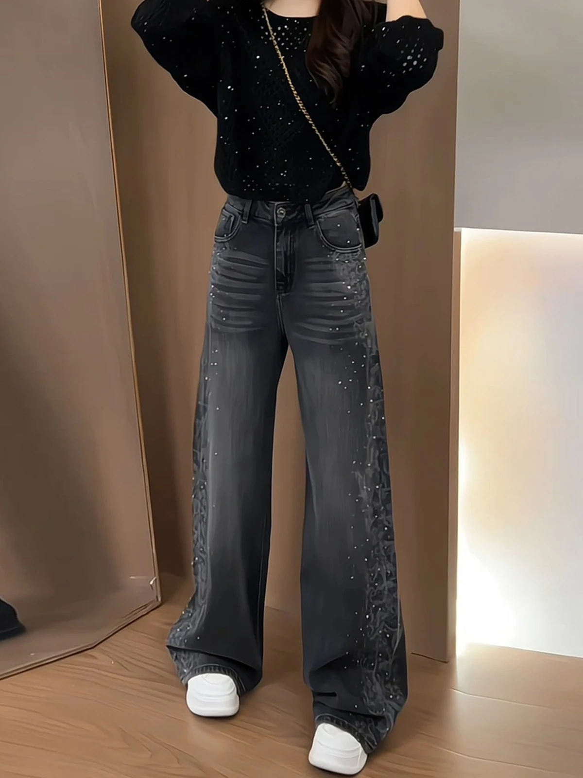 

Женские джинсы с высокой талией и прямым кроем, с вышивкой и стразами, широкие брюки, весенняя новинка, стройнящие, скрывающие недостатки фигуры