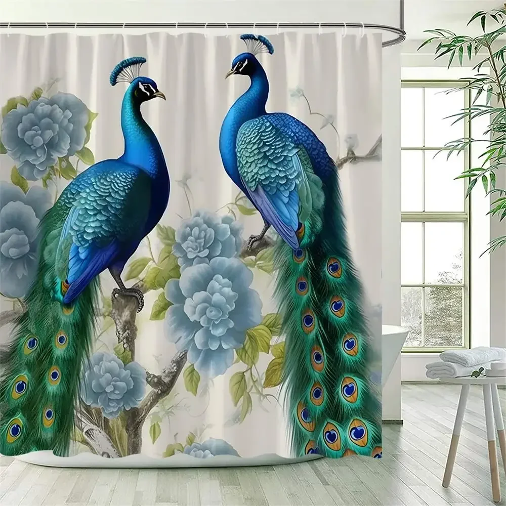 Peacocks Shower Curtains Green Feathers Birds Vintage Blue Flowers Plant Art Polyester Fabric Bathroom Curtain Decor with Hooks