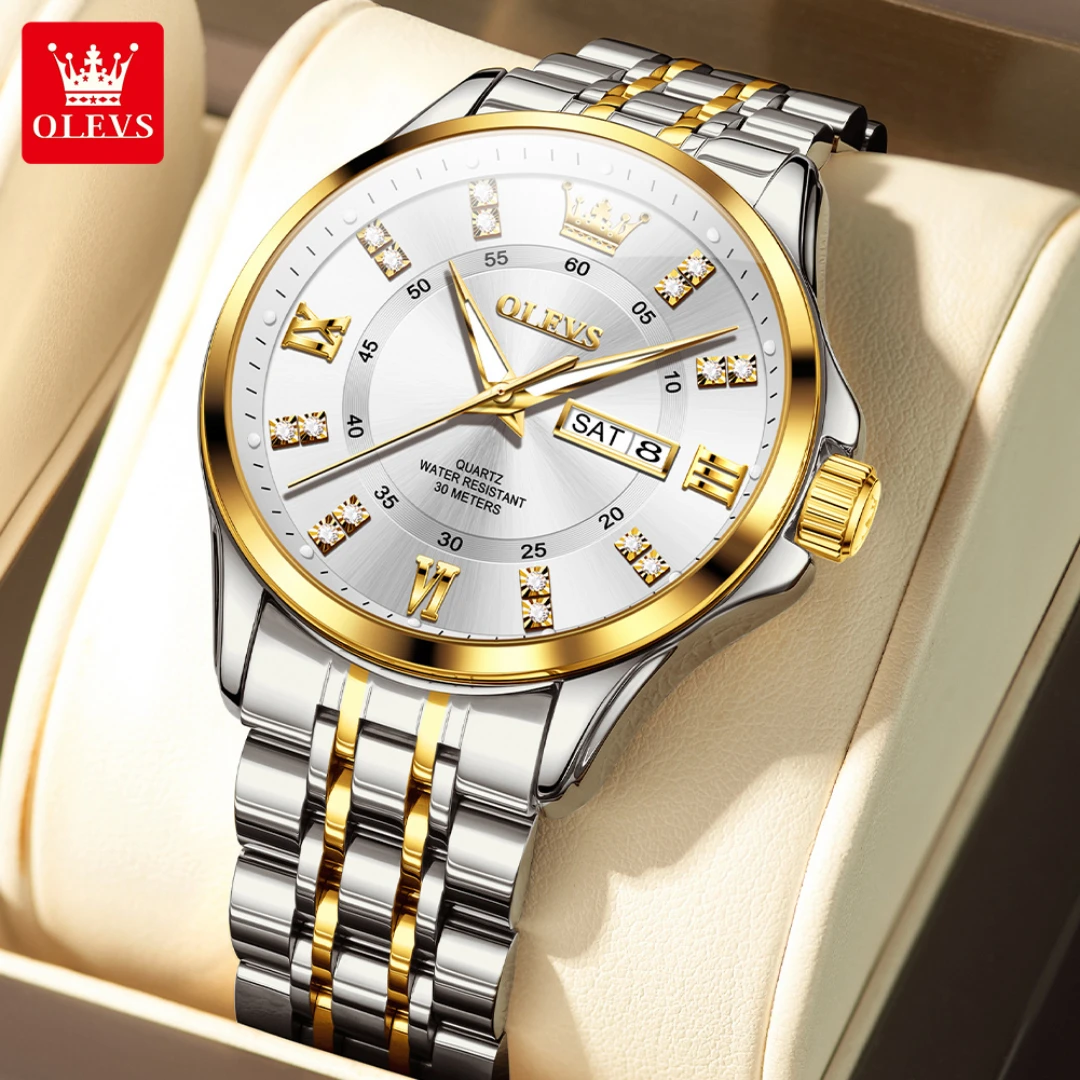 

OLEVS 3620, кварцевые модные часы, подарок, круглый циферблат, ремешок для часов из нержавеющей стали, наручные часы, календарь с дисплеем недели