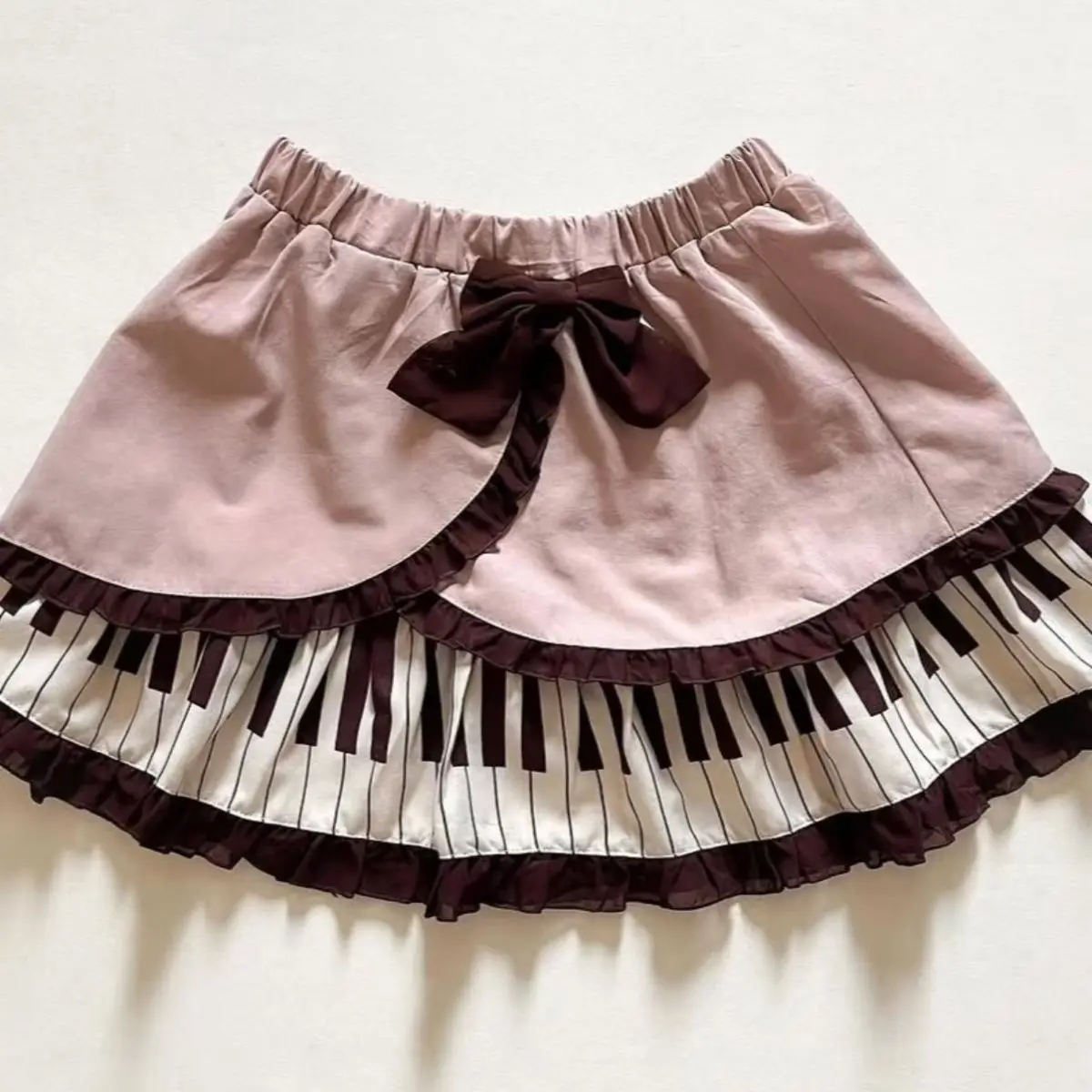 Vintage Sweet Lolita Piano Key Mini Skirt Tiered Ruffle Bow Detail  Brown Japaneser Harajuku Subculture Kawaii Party Outfit