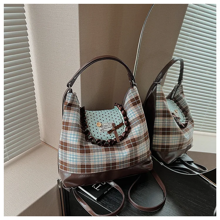 

2025 New Plaid Lace Tote Bag Women Casual Versatile Large Capacity Shoulder Crossbody Fashion Purse