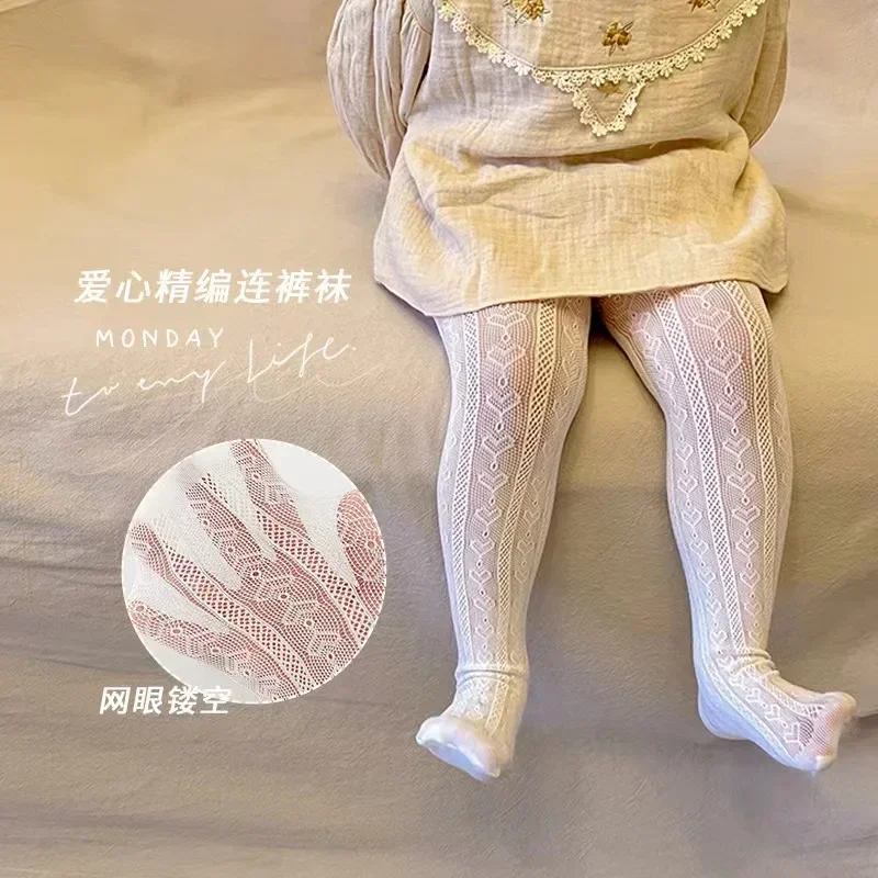 Lolita Girls' Pantyhose Spring Summer Thin Hollow Heart Pattern Tights Sweet Vertical Love Mesh High Stockings Baby JK Leggings