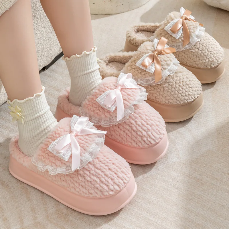 Pink Fur Clog Slippers Women Chunky Slides Shoes Thick Plush Non-Slip Home Slippers Woman Bedroom Shoes Platform Fluffy Slippers