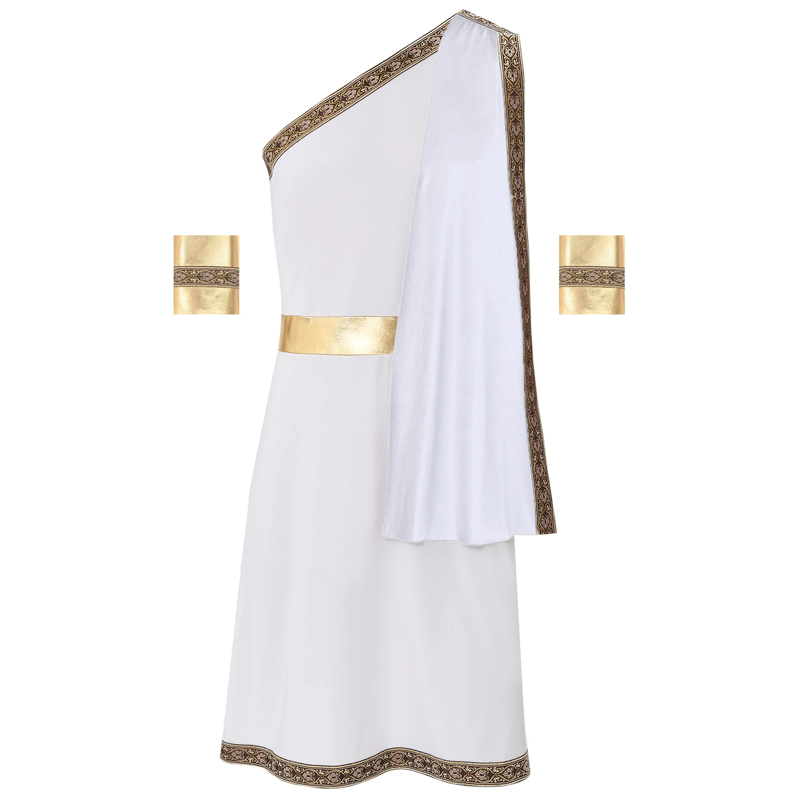 Traje cosplay romano masculino, trajes de toga gregos antigos, um ombro, túnica metálica com pulseira, roupa de Halloween, dramatização