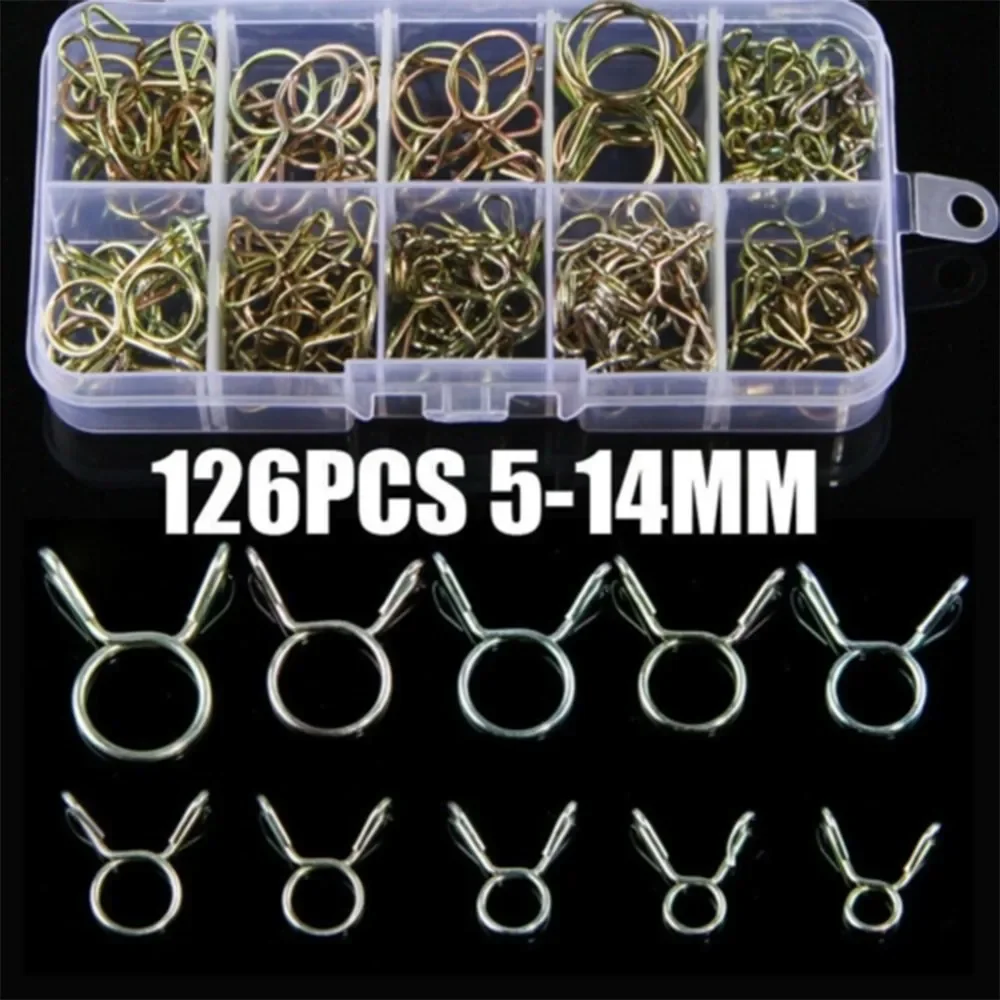 126Pcs 5mm-14mm Spring Clip Fuel Oil Hose Line Air Tube Clamps Assortment Kit For Boats ATVs Motorcycles With Storage Box