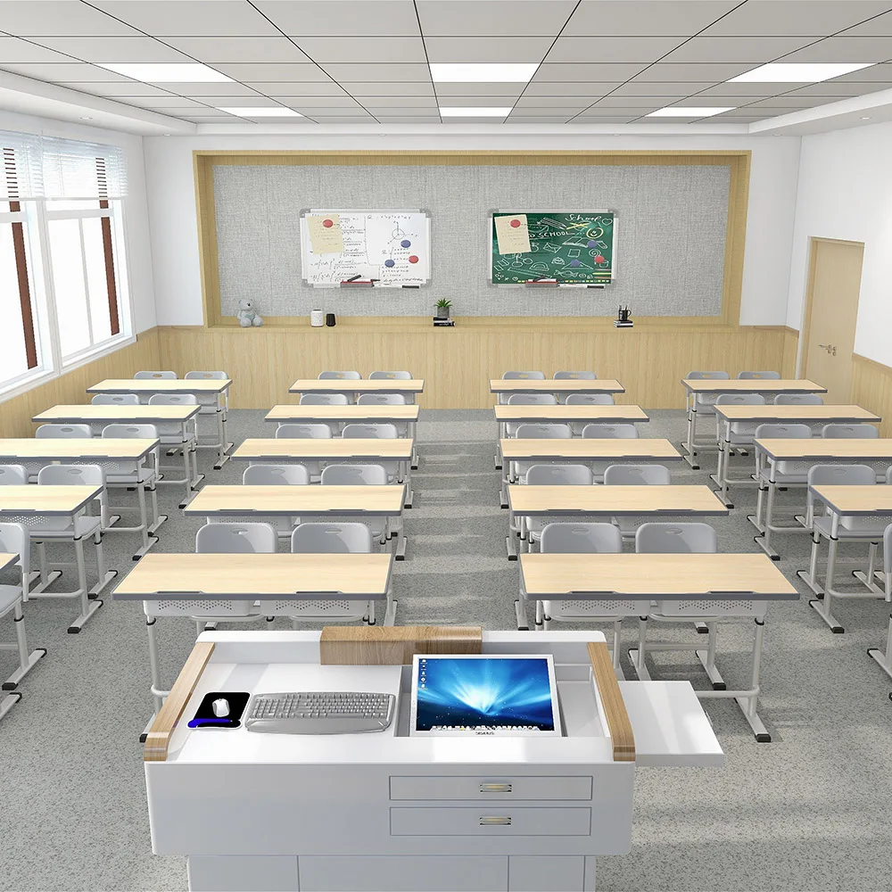 Double adjustable high school and college classrooms with wooden desks and chairs