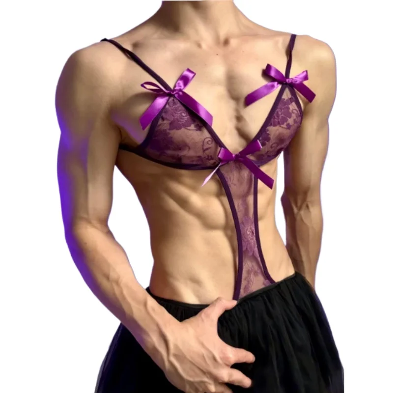 Purple Crotchless Babydolls & Chemises Hot Man's Sexy Bodysuit Teddy Lingerie Naughty Transparent Erotic Costume Porno Underwear