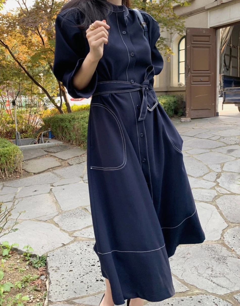 Neues Frühlings-Herbst-Einreihiges Damen-Hemdkleid mit Stehkragen, koreanischer Casual-Stil, gerade geschnitten, elegantes langes Kleid für Damen. – Detail 7