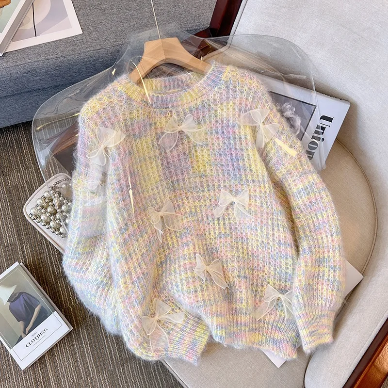 

Soft Waxy Tender Sweater Female Literary Knitting Languid Bow Round Collar Pullover Sweater