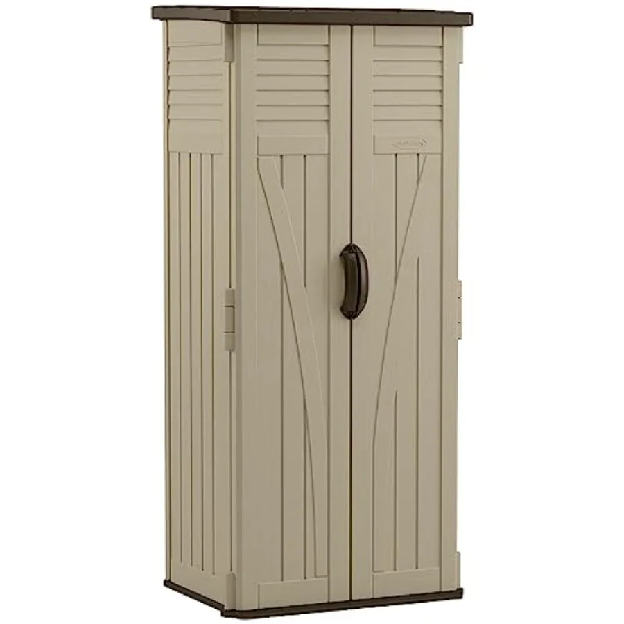 Vertical Shed for Outdoor Storage, Multi-Wall Resin, Sand Mustang Color, 22 Cu. Ft. Lockable Capacity for Long-Handle Tools, Ga