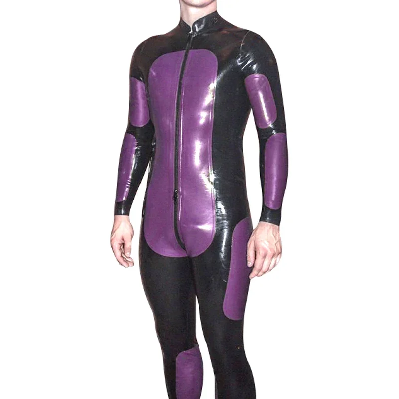 Cosplay nero e perla viola Sexy Catsuit in lattice con cerniera sul cavallo anteriore a dietro trim tuta in gomma Zentai complessivo