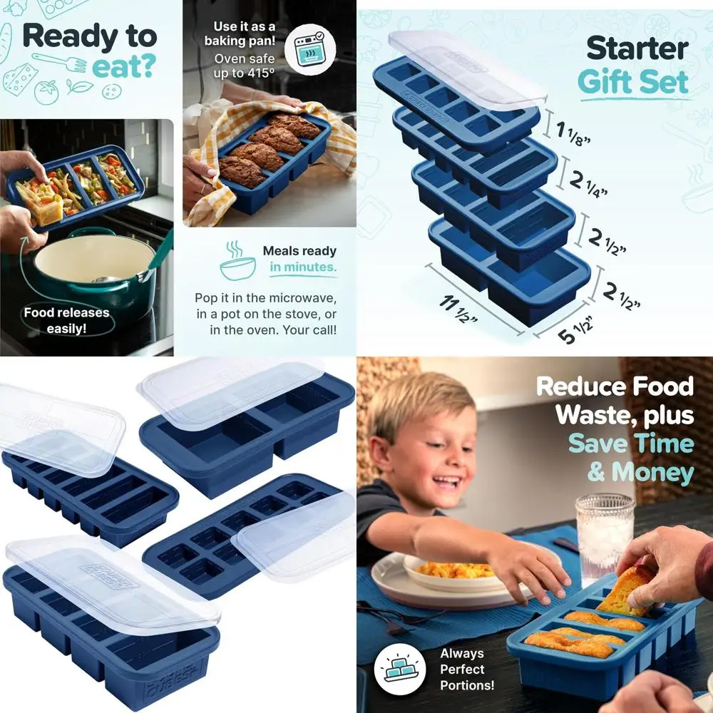 

Meal Prep Silicone Molds Set: 2 Tbsp, 1/2, 1, 2 Cups with Lids - Blueberry Kitchen Essentials