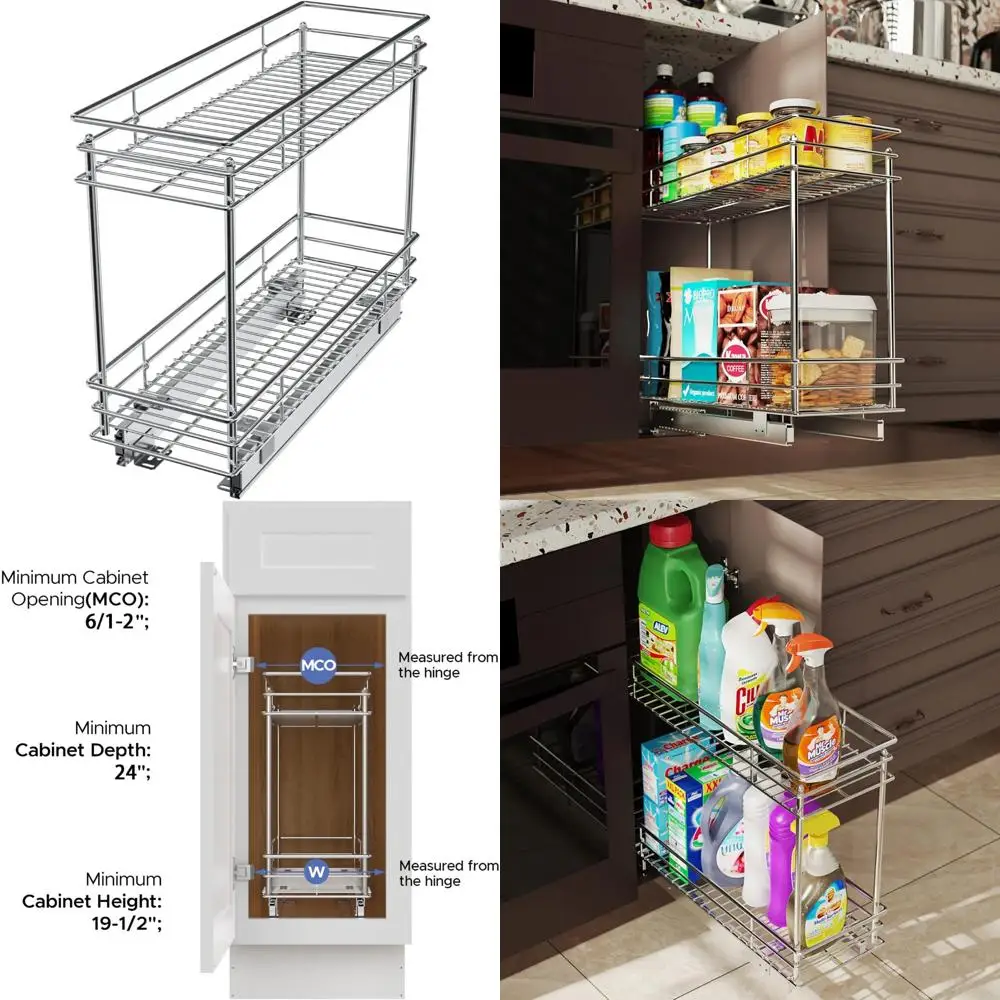 

2-Tier Pull Out Kitchen Cabinet Organizer Storage, 5 Wide x 21 Deep, Silver, Space-Saving Base Cabinet Solution