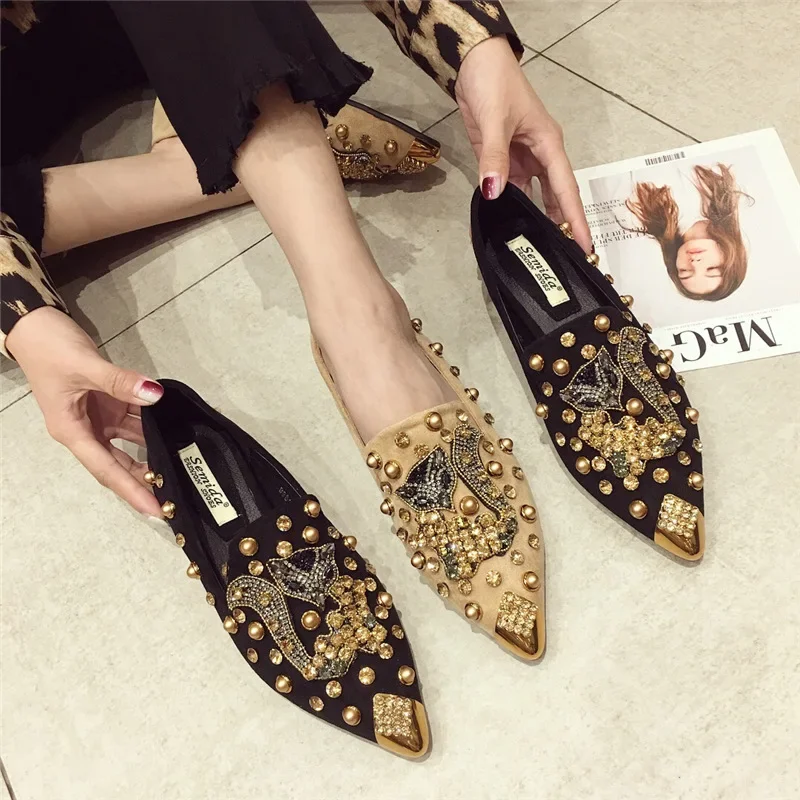 2024 Shoes for Women Flat Shoes Luxury Crystal Fox Casual Shoes Comfortable Fashion Pointed Toe Slip-on Loafers