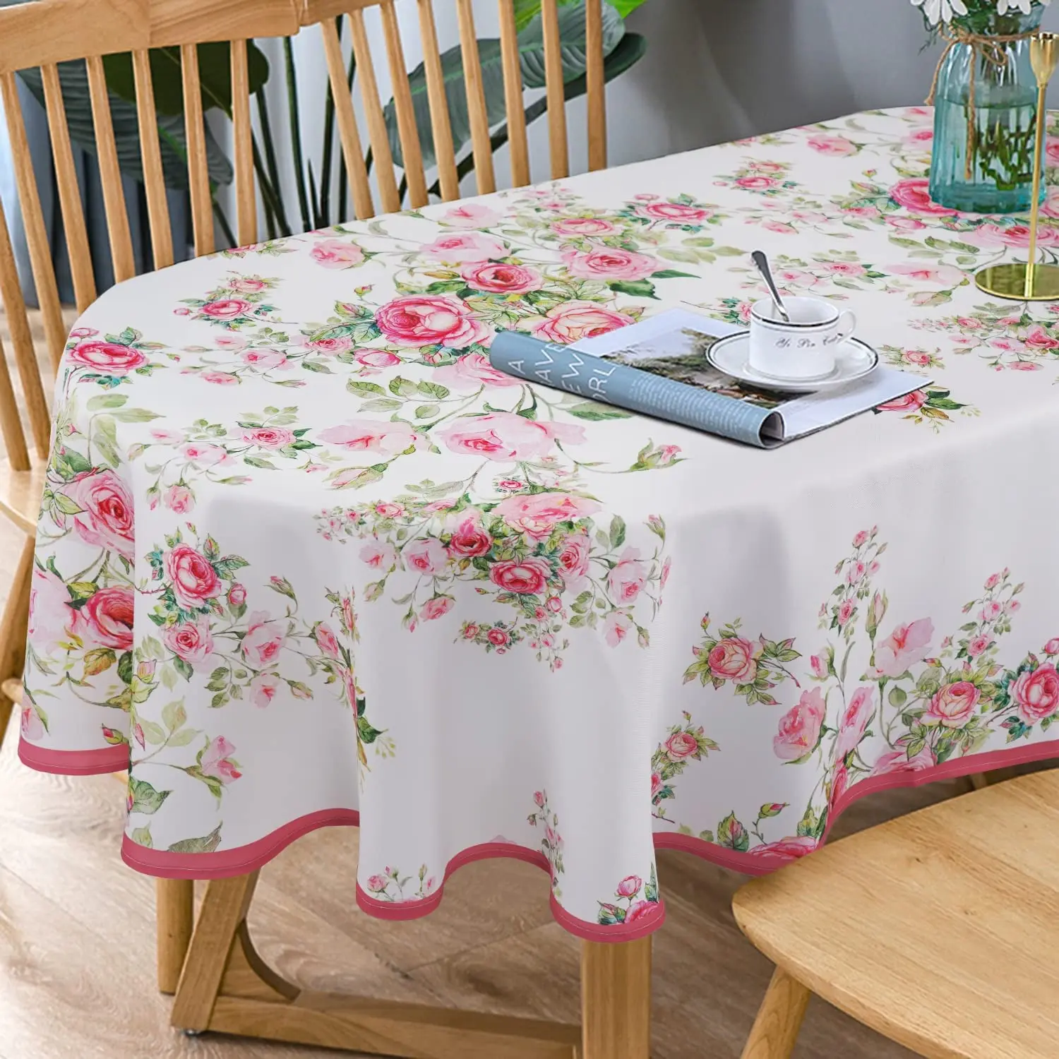 Spring Pink Floral Rectangle Tablecloth Holiday Party Decorations Waterproof Wrinkle Free Tablecloth for Kitchen Table Decor