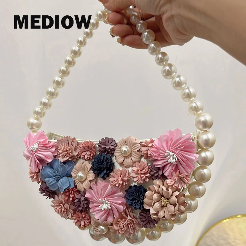 

MEDIOW Evening Bags For Women Luxury Designer Handbags Purses 2023 New In Beaded Trim Satin Applique Imitation Diamond Shoulder