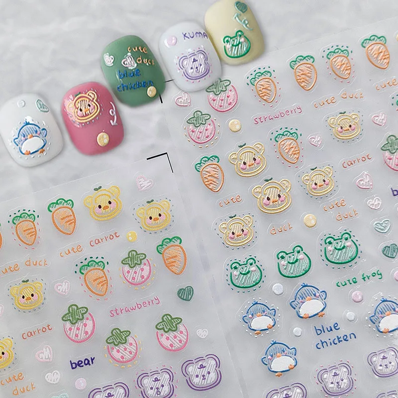 Cute Cartoon Graffiti 5D Embossed Reliefs Self Adhesive Nail Art Stickers Lovely Bear Duck Chicken 3D Manicure Decals Wholesale