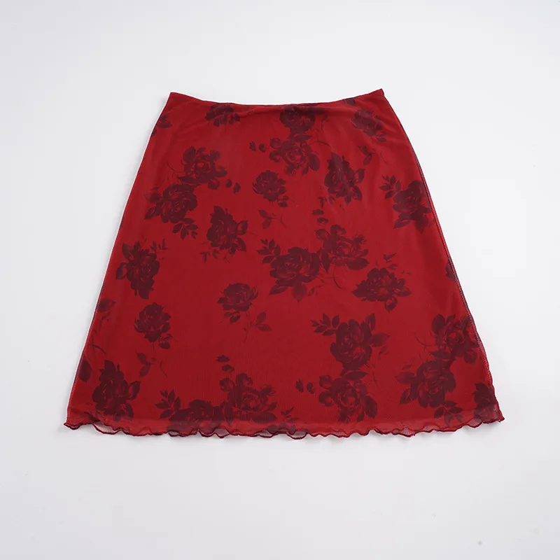 Retro Floral Digital Print Low Waist Lightweight Double Layer Mesh Skirt Temperament Hip Hugging Women Daily Vacation Skirt