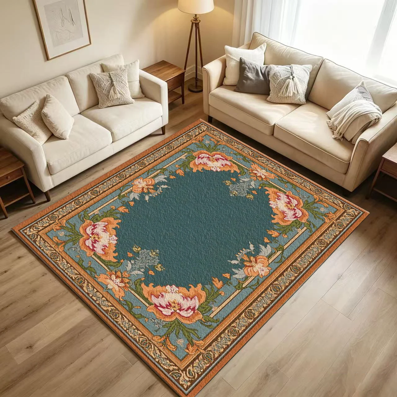 Vintage European Peony Floral Carpet Flooring Luxury Ornate Border Baroque Style Printed Floor Rug for Household Living Room Home Art Decoration