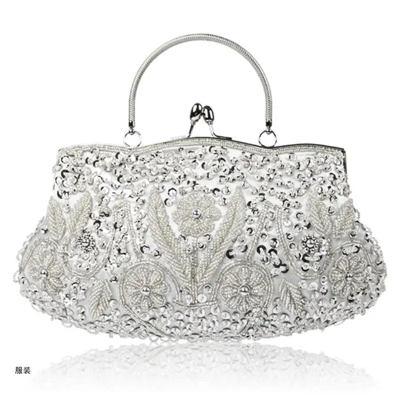D0UD Women Vintage Beaded equin Flower Evening Large Clutch Bag Bridal Handbag