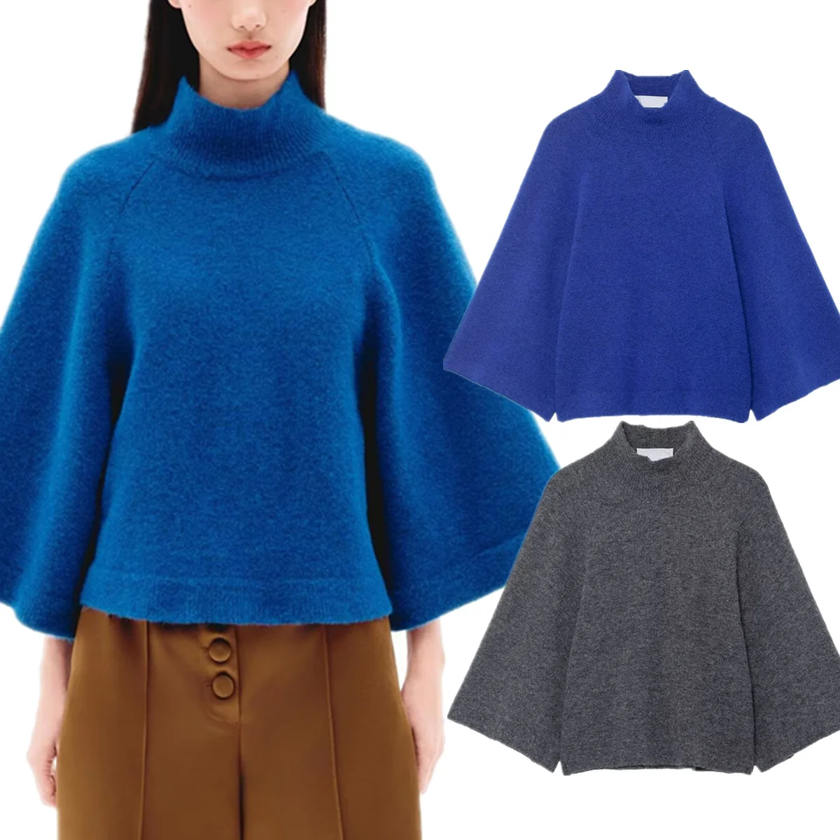 

Dave&Di Minimalist French Women's Clothing Cape Style Knitted Sweater Top Flare Sleeve Sweater Knitwear Pullover Woman Clothes