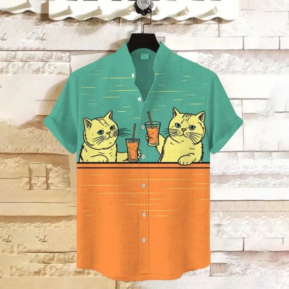 

Men's Cute Toast Cats Print Hawaiian Shirt Color Block Green Orange Stand Collar Short Sleeve Button Down Casual Beach Shirts