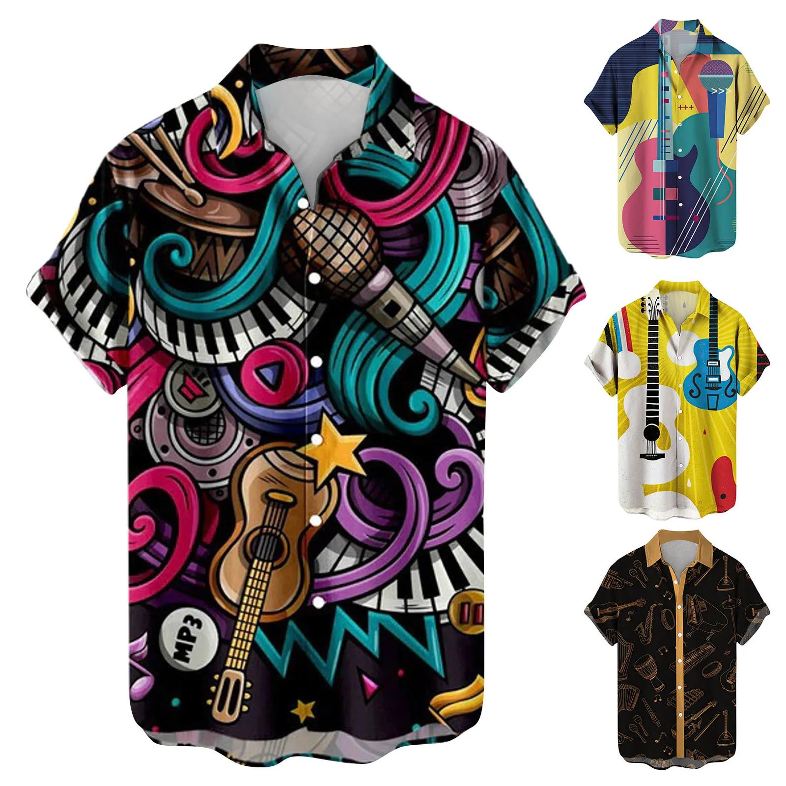 Mens Summer Fashion Leisure Personality Musical Instruments Digital 3D Printed Lapels Buttons Short Sleeved Shirts One