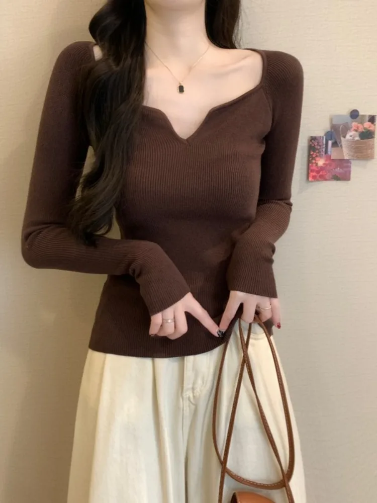 

Женский трикотажный свитер Slim Fit из мягкого хлопка, кофейного цвета, для весны, осени и зимы, для ношения под одеждой, Ciwalk