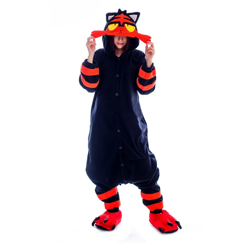 Women Pajamas Pokmoon Onesie Litten Kigurumi Anime Jumpsuit with Long Sleeves and Hood Halloween Christmas Cosplay Costume Party