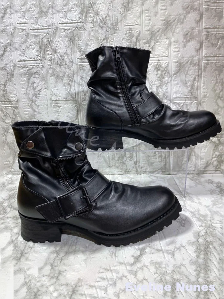 Men Black Moto Biker Boots Round Toe Chunky Block Heel Lug Sole Buckle Strap Fold Over Snap Button Punk Motorcycle Mid Calf Boot