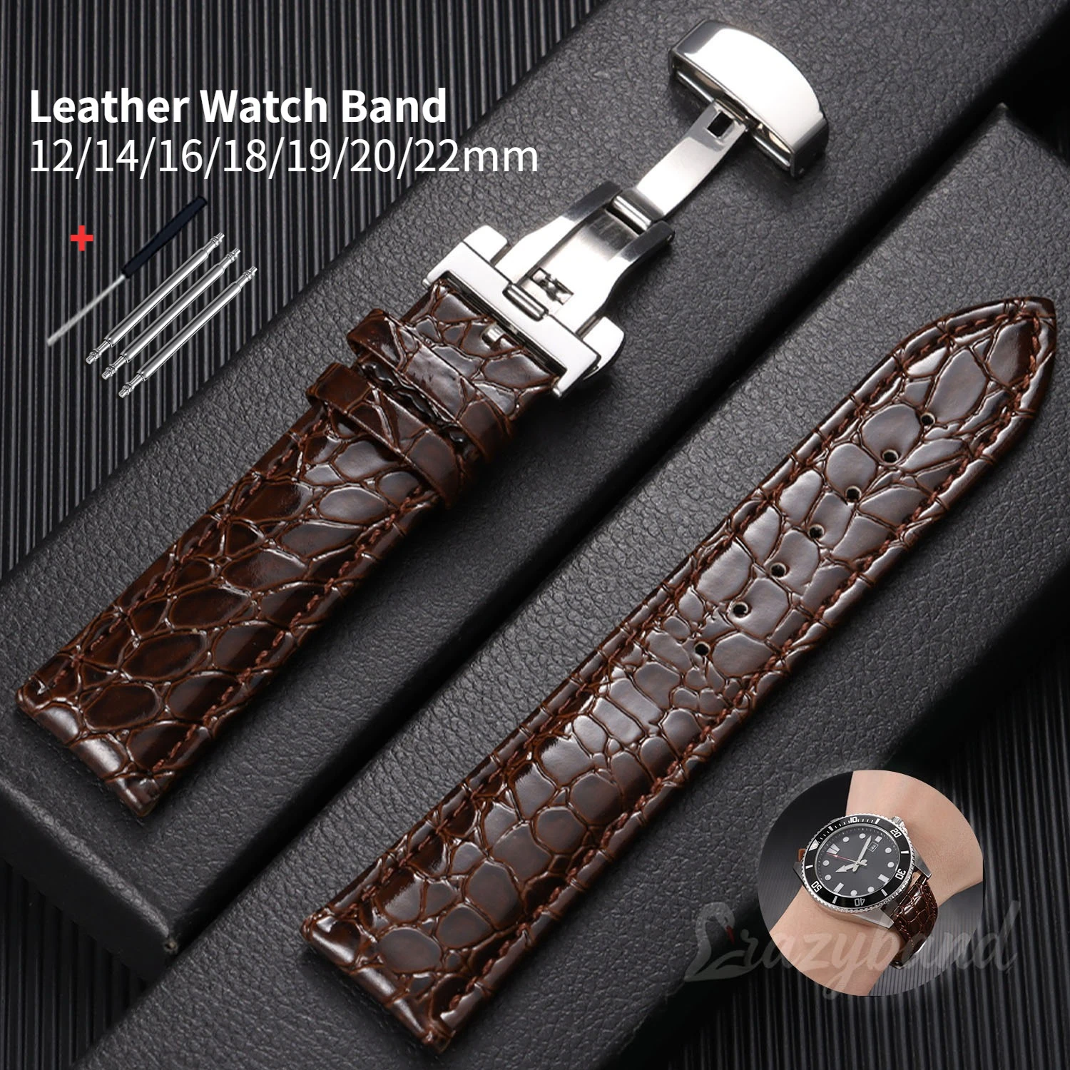 12/14/16/18/19/20/22mm Neues Krokodilmuster-Design Leder-Uhrenarmband Automatische Schnalle Herren Damen Business-Armband Universell Braun