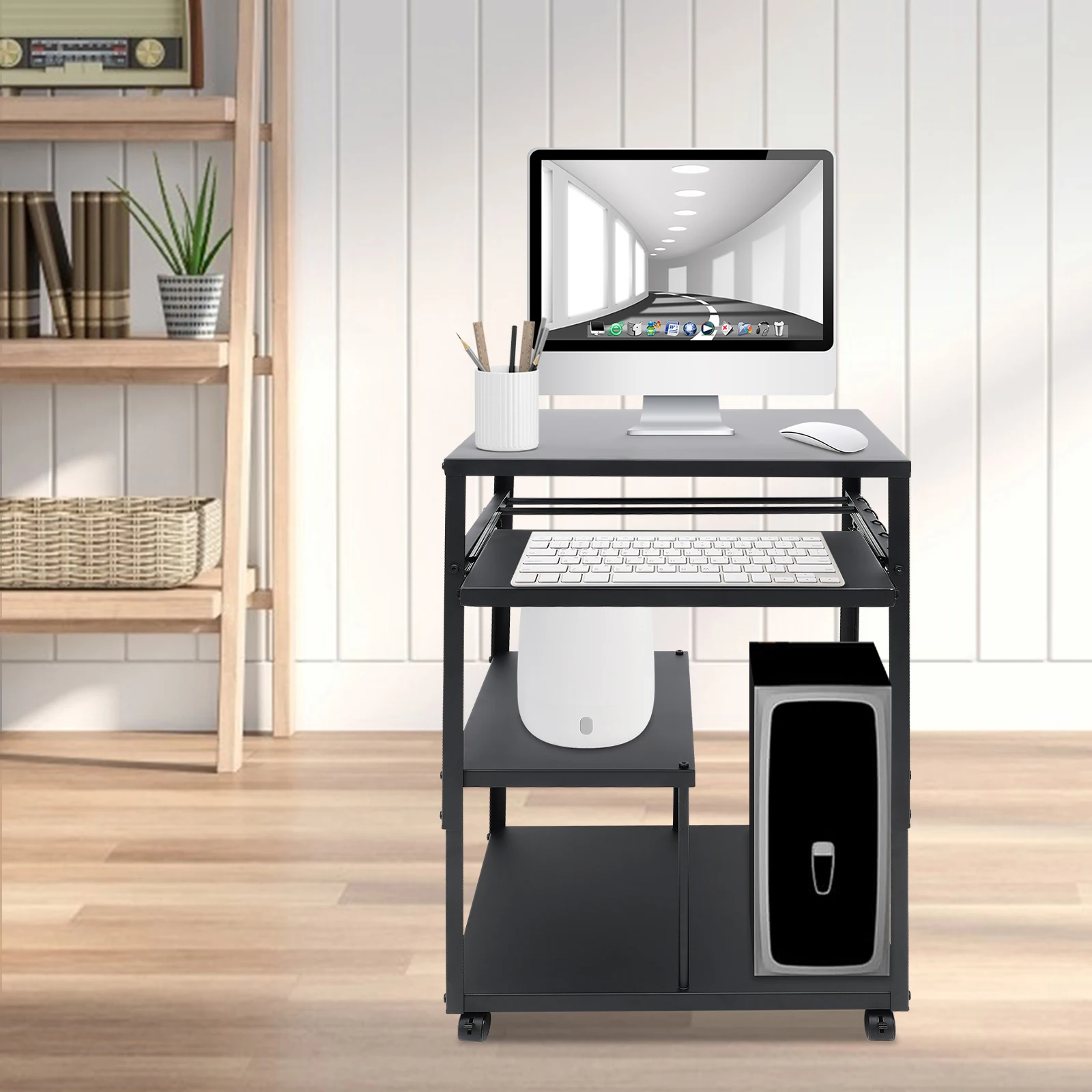 Computer Desk with Keyboard Tray, Computer Desk with Wheels, Height Adjustable Rolling Presentation Table    