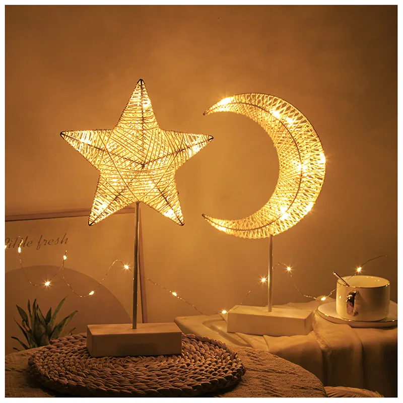 

LED Rattan Woven with Star and Moon Shaped Desk Lamp Decoration Hollow Rattan Starry and Moon Small Night Light