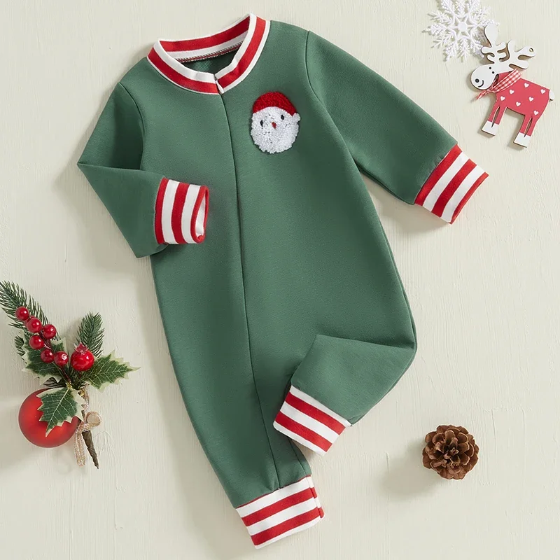 Baby Zip Up Christmas Jumpsuit For Newborn Santa Embroidered Striped Long Sleeve Romper Clothes