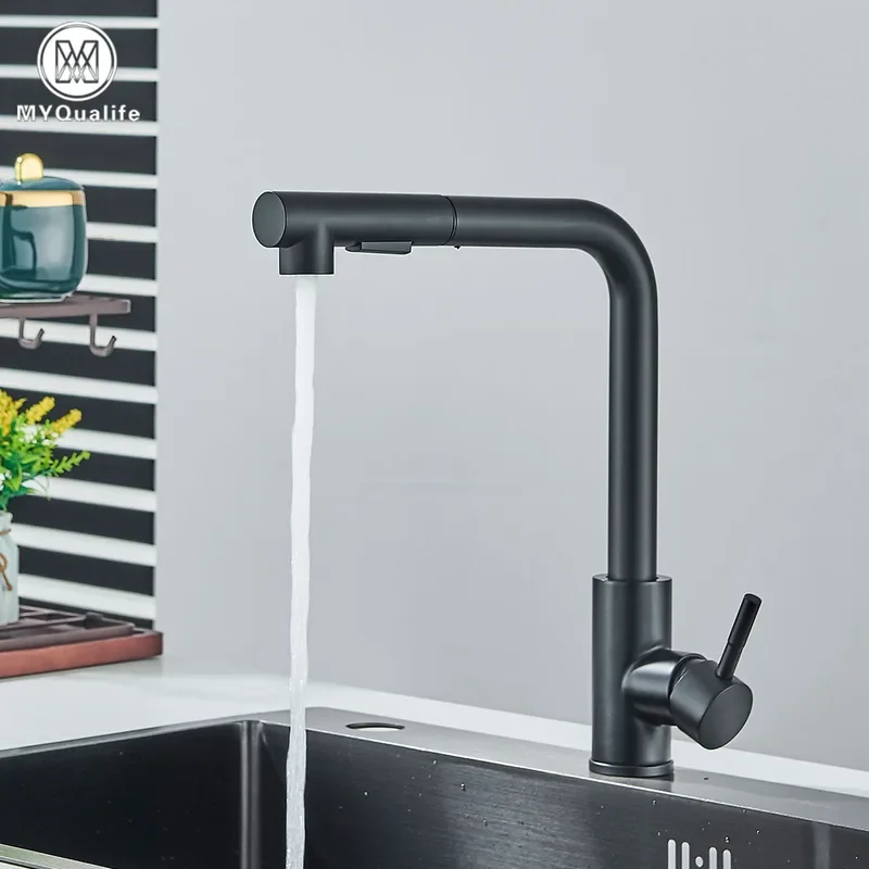 Black Pull Out Kitchen Sink Faucet Two Model Stream Sprayer Nozzle Stainless Steel Hot Cold Wate Mixer Tap Deck