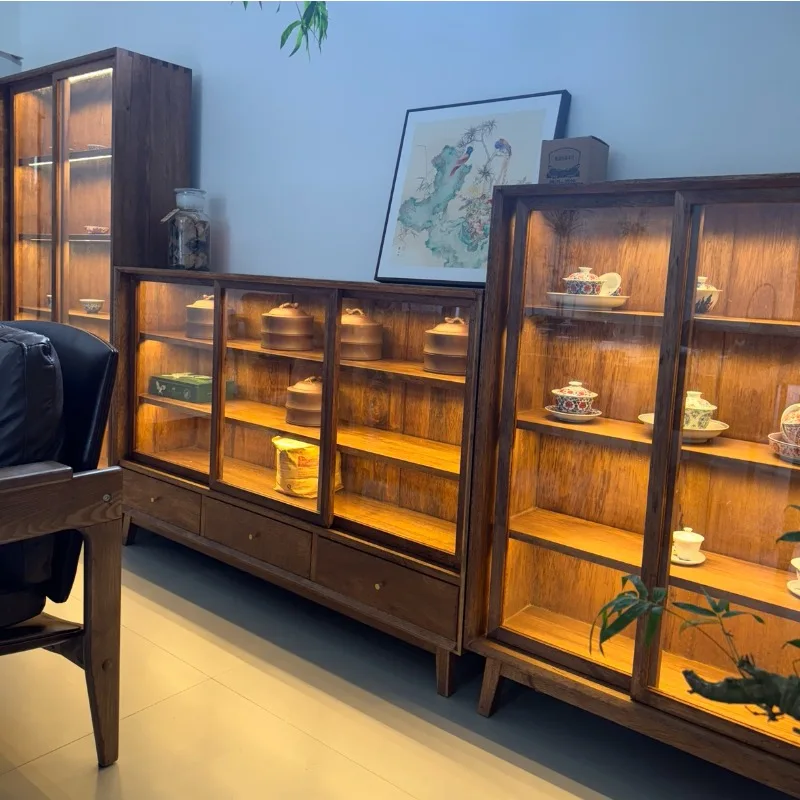 Walnut Solid Wood Glass Cabinet, Storage Storage Cabinet, Side Cabinet, Wabi-sabi Wind Old Material Wine  , Bookcase
