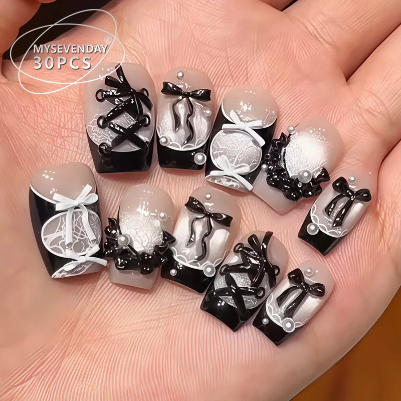 30 Stück Lothic Lolita 3D Schleife Spitze Perle Aufklebenägel Schwarz Weiß Französische Falsche Nägel Mittellange Vollabdeckung Nagelspitzen für Frauen & Mädchen – Detail 2
