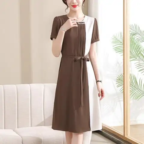 2024 Elegant Fashion Harajuku Slim Fit Female Clothes Loose Casual All Match Chiffon Dress O Neck Insert Short Sleeve Dresses