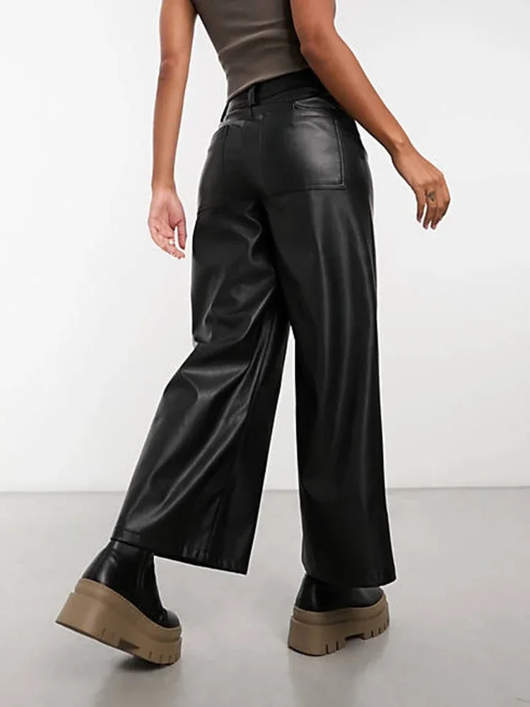 Women's Faux Matte Leather Pants, High Waist, PU, Vintage, Loose, Straight, Party, Ladies, Wide Leg, Cropped Pants, Clubwear