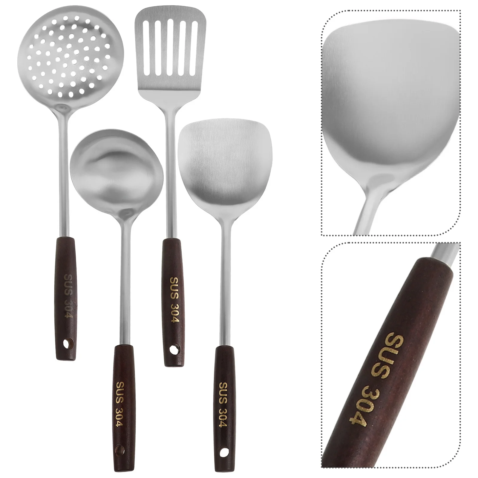 

4Pcs Stainless Steel Wok Cooking Utensils Set Wooden Handle Long Handle Spatula Ladle Skimmer Spoons Stir Fry Soup Kitchen Tools