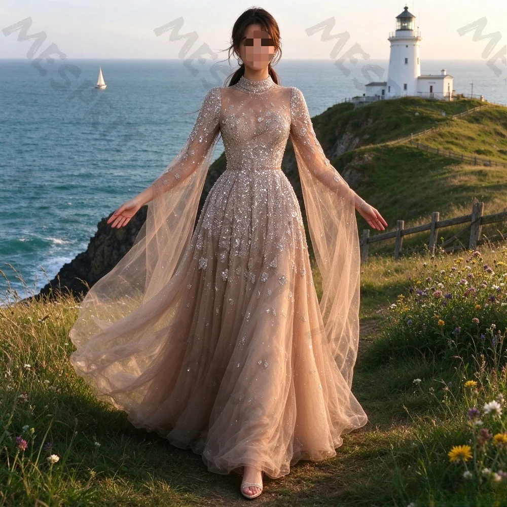 Customized Beaded Chiffon Long Sleeved Evening Gown 2026 High Neck Sparkling A-line Ball Dress Suitable for Graduation Parties