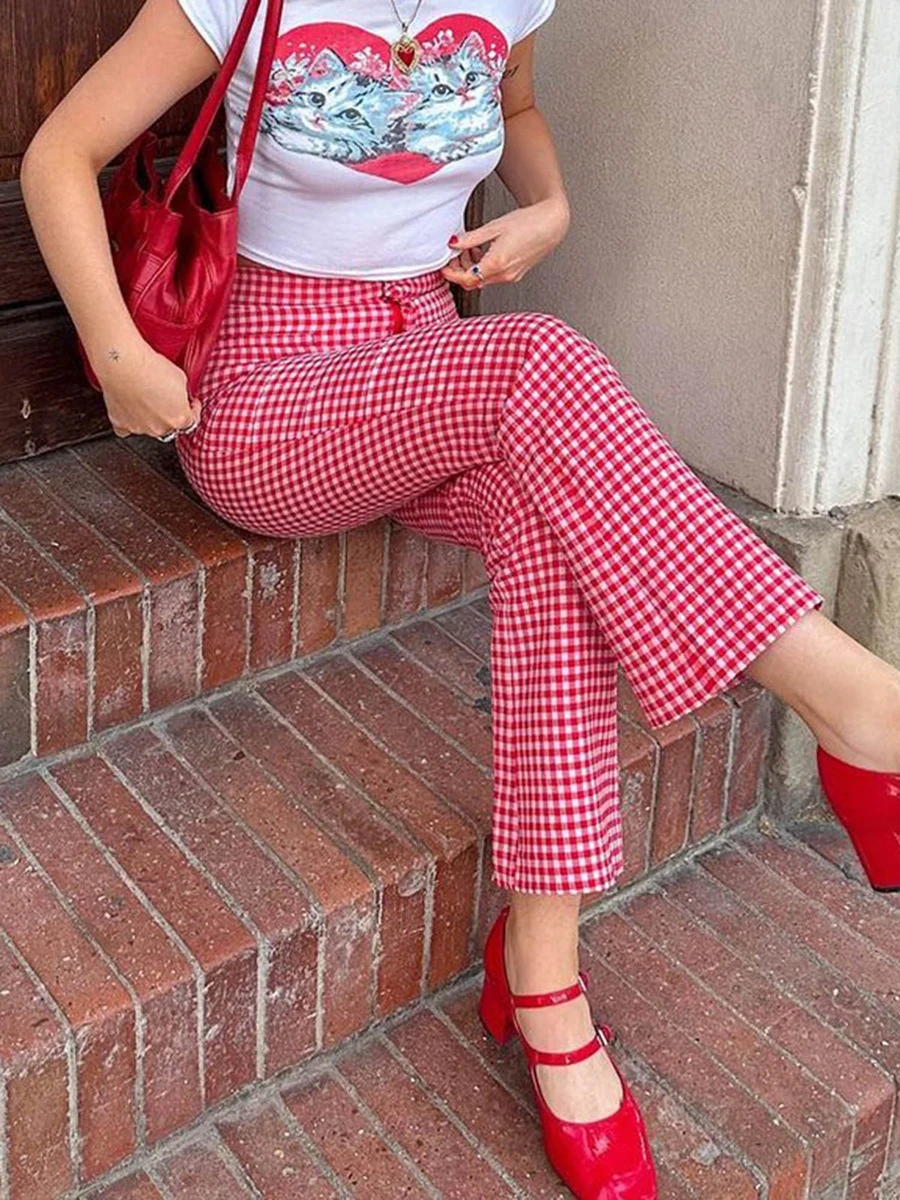 Womens Plaid Wide Leg Flare Pants High Waist Baggy Checkerboard Printed Straight Leg Trousers Joggers Streetwear