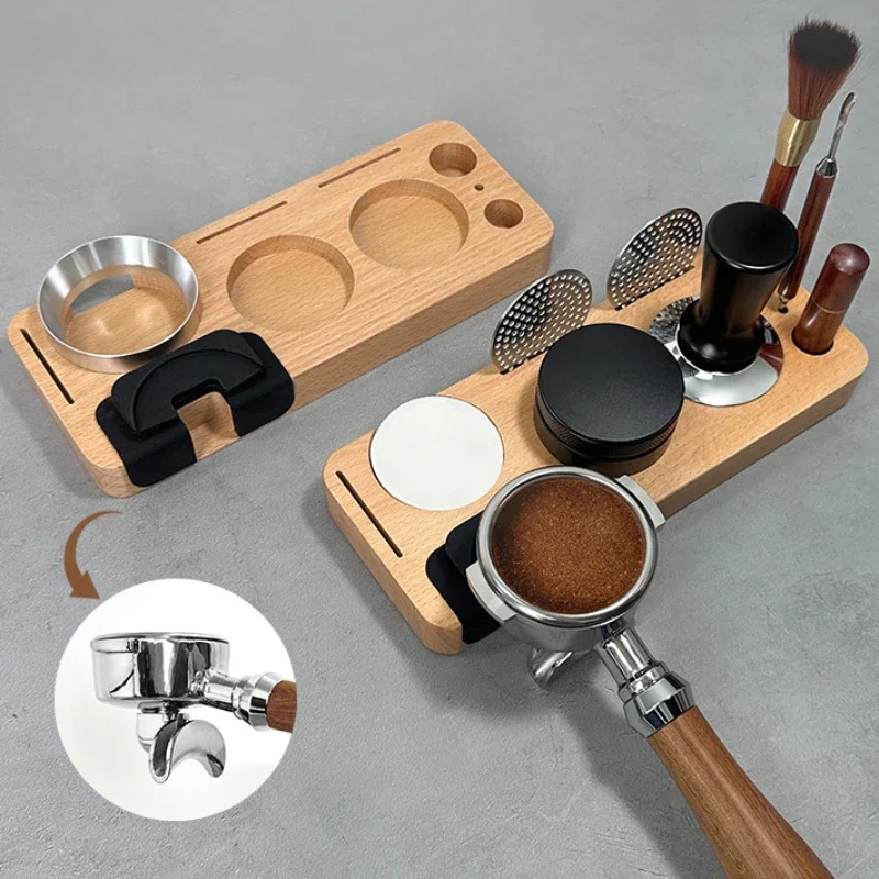 Powder pressing station solid wood tamping base Coffee Filter Tamper Holder Portafilter Mat Stand for 51mm-58mm( 9-in-1)